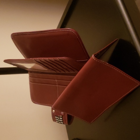 Red Textured Leather Wallet with Rhinestone Magnetic Snap Closure - Picture 11 of 14